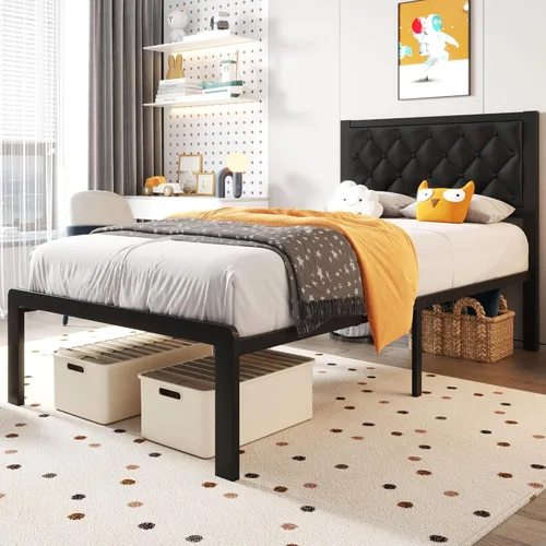 Miniatura 3 de Fluest Base de cama individual con cabecero, tapizada en cuero PU, marco de plataforma con soporte de listones metálicos, con espacio de Negro