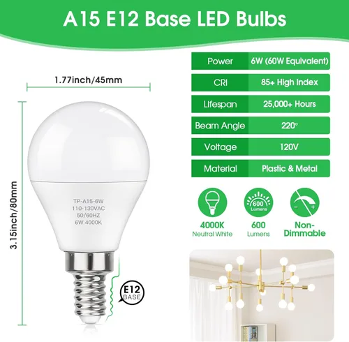 Miniatura 2 de MAXvolador Bombillas LED E12 equivalentes a 60 W, color blanco neutro 4000 K, bombillas de candelabro de base pequeña CRI de 600 lúmenes, 6 W