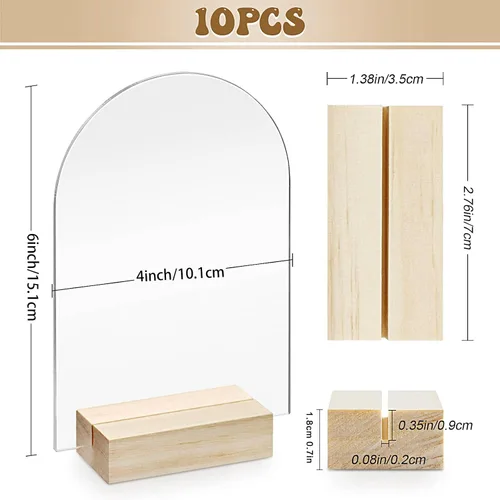 Miniatura 2 de Bercoor Paquete de 10 carteles acrílicos de arco transparente en blanco de 4 x 6 pulgadas con soportes de madera, hoja acrílica arqueada, números