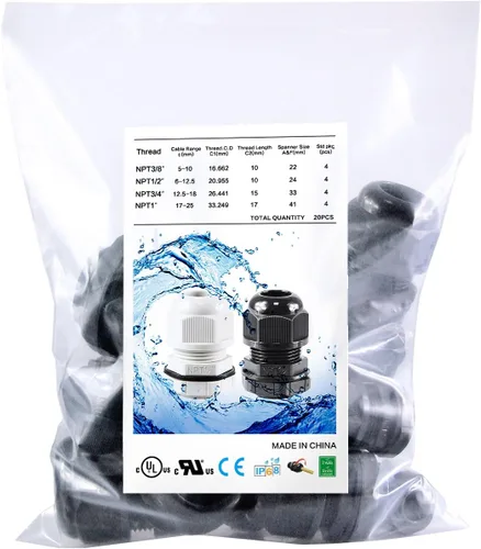 Miniatura 6 de Surtido de prensaestopas de nailon IP68, impermeable, con certificación UL y compatible con RoHS, 20 piezas, alivio de tensión de cable de 1/4 Negro