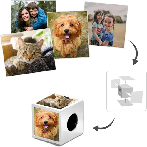 Miniatura 2 de LONAGO Abalorio personalizado de cuatro lados y tres caras con foto de dos caras de plata de ley 925, cuenta personalizada con capacidad para 234