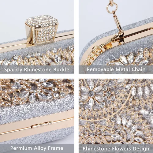 Miniatura 3 de Bolso de mano con diamantes de imitación, bolsa de noche floral de cristal brillante para mujer, formal, graduación, boda, fiesta