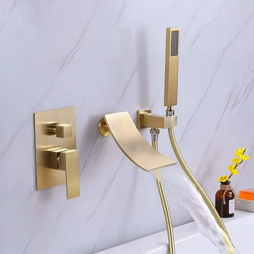 Grifo de bañera de cascada montado en la pared con ducha de mano, oro cepillado de una sola manija, relleno de bañera de latón para bañera, juego de