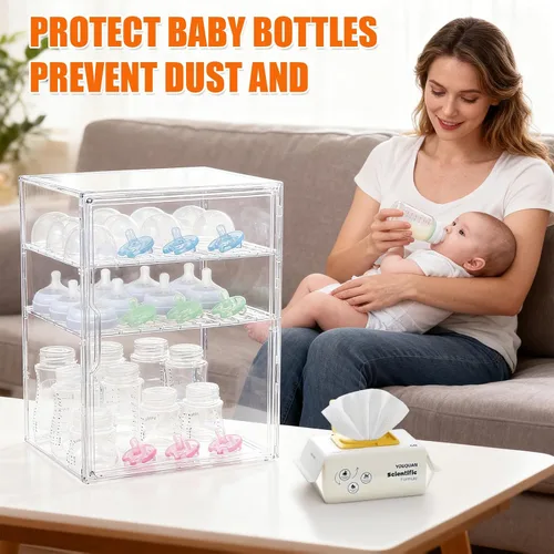 Miniatura 5 de YESGIRL Organizador de biberones transparente de 3 niveles, almacenamiento acrílico apilable transparente con cajón para encimera, estación