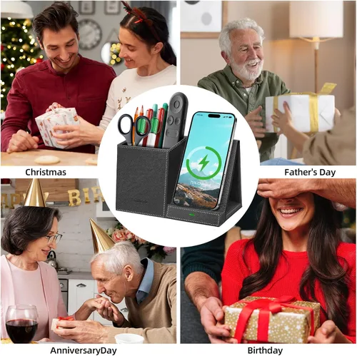Miniatura 7 de TopMade Cargador inalámbrico con soporte para lápiz para bolígrafo, organizador de mesita de noche de escritorio multifuncional de cuero, estación