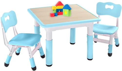 FUNLIO Juego de mesa y 2 sillas para niños, Juego de mesa y silla ajustables en altura para niños de 3 a 8 años, Mesa fácil de limpiar para Azul