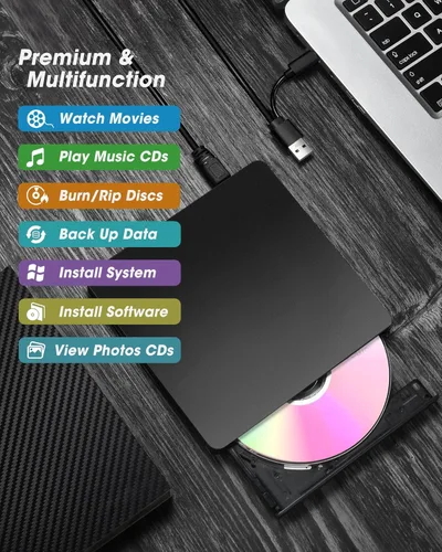 Miniatura 6 de ROOFULL Unidad externa de CD/DVD USB 3.0 y USB-C, ultrafina de 0.5 pulgadas, reproductor de CD y DVD de alta velocidad, grabador para computadora