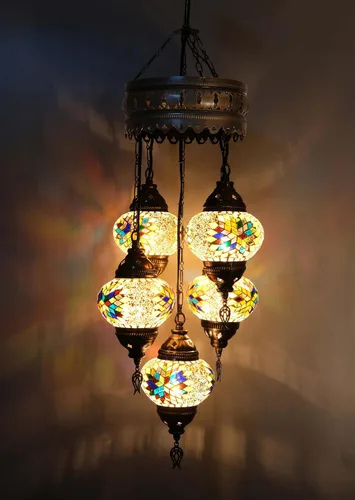 Miniatura 4 de Asylove Candelabros turcos de 5 globos, lámpara colgante de mosaico, iluminación de techo marroquí Art Deco de 5 globos, 5 pulgadas de altura total