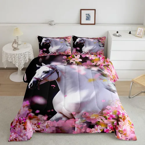 Miniatura 11 de Erosebridal Juego de edredón de cerdo rosa para niñas, decoración de habitación Kawaii, tamaño individual, relleno de edredón de hojas florales