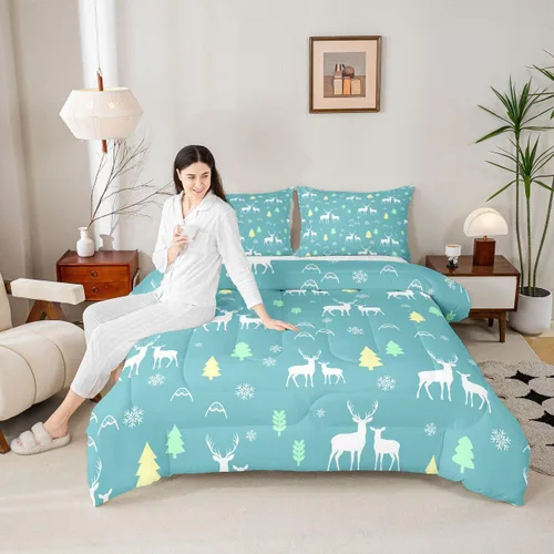 Miniatura 3 de Erosebridal Juego de edredón de Feliz Navidad, juego de ropa de cama para niños, ciervos, cuernos de alce, ciervo, tamaño individual