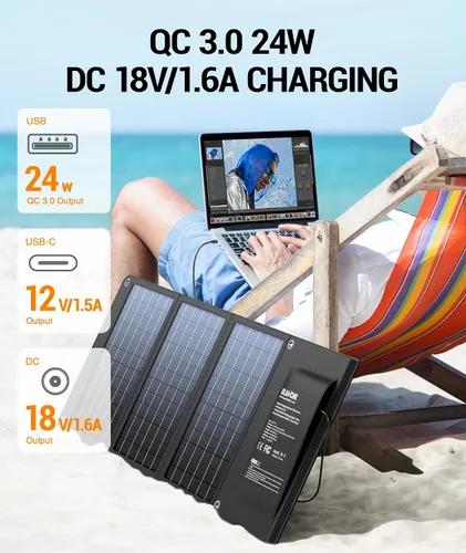 Miniatura 4 de BLAVOR Cargador solar de 30 W USB-A QC3.0 24 W USB-C DC 30 W Salidas, panel solar plegable para camping, IPX4 impermeable, cargador de batería solar