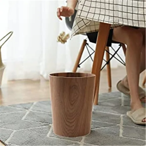 Miniatura 6 de Cubo de basura redondo apilable, de madera natural, para baños, cocinas, oficinas en casa (madera oscura)