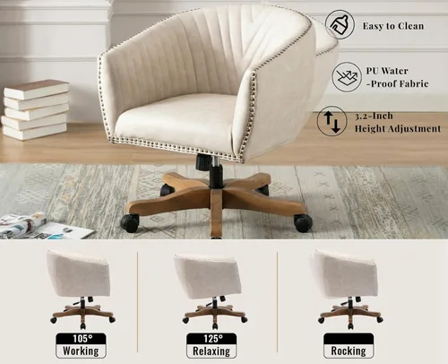 Miniatura 3 de Silla de escritorio de piel sintética beige, silla de escritorio tapizada giratoria con brazo ajustable con cabezas de clavos, cómoda silla