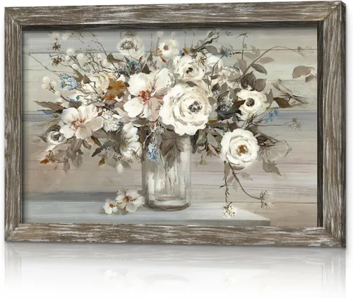 Miniatura 11 de Arte de pared enmarcado floral abstracto, pintura de flores blancas rústicas, ramo botánico en jarrón, impresiones de plantas, obras de arte