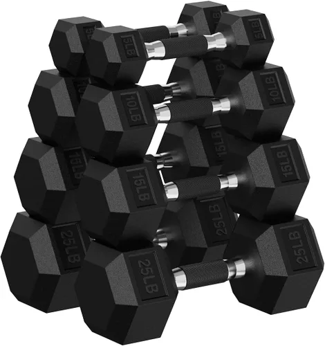 Miniatura 20 de Juego de mancuernas hexagonales con estante, juego de mancuernas de ejercicio y fitness con revestimiento de goma de 720 libras, peso de mano