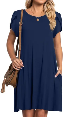 Miniatura 2 de HOTGIFT Vestido de manga corta para mujer, casual, cuello redondo, holgado, cómodo, con bolsillos