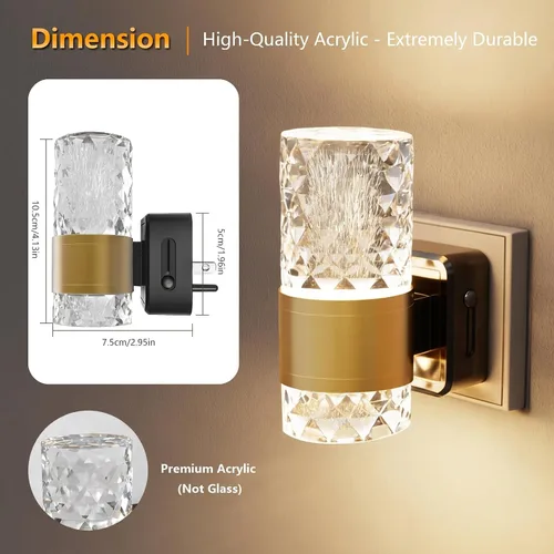 Miniatura 5 de Luces LED de noche de acrílico regulables, sensor de atardecer a amanecer, paquete de 2 Brillo ajustable de 0-100 lúmenes. Ambiente de oro cálido
