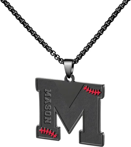 Miniatura 48 de Ldurian Collar personalizado con nombre de béisbol, cadena negra de acero inoxidable, collar con nombre deportivo, letra A-Z de 24 pulgadas, regalos