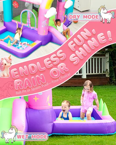 Miniatura 8 de Casa inflable de unicornio con tobogán, casa inflable rosa con soplador de aire, divertido castillo animoso para niñas de 3 a 10 años, ideal