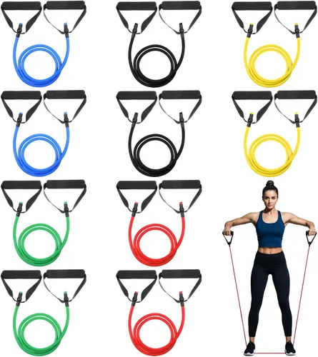 10 bandas de resistencia de ejercicio con asas, bandas elásticas de ejercicio, tubo de resistencia física con anclaje de puerta para mujeres y