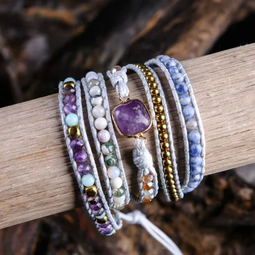 Miniatura 3 de YGLINE Pulsera de 5 envolturas de cera curativa con cuentas de piedra natural, Piedra
