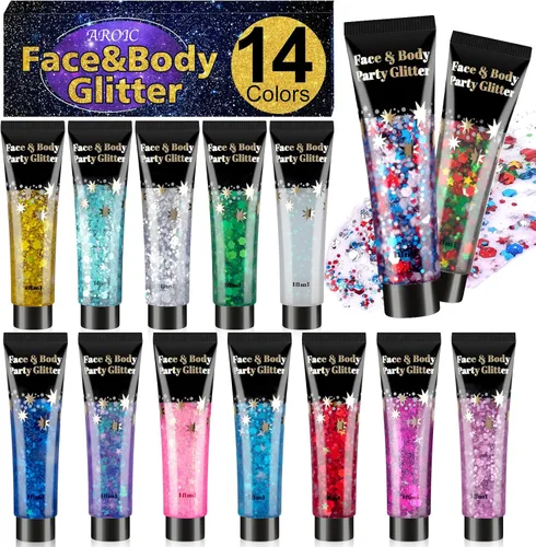 AROIC 14 colores de purpurina corporal, 4 de julio, juego de gel con purpurina para la cara y el cabello para festivales, brillo de ojos para