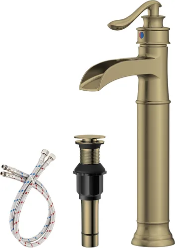 Grifo de lavabo de lavabo de oro cepillado, grifo de baño alto de una sola manija, grifo de fregadero de un solo orificio con ensamblaje de drenaje