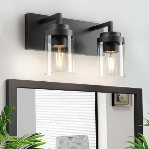Miniatura 12 de Juego de 2 apliques de pared negros mate, con pantalla de cristal transparente, lámpara de montaje en pared para dormitorio, espejo y sala de estar