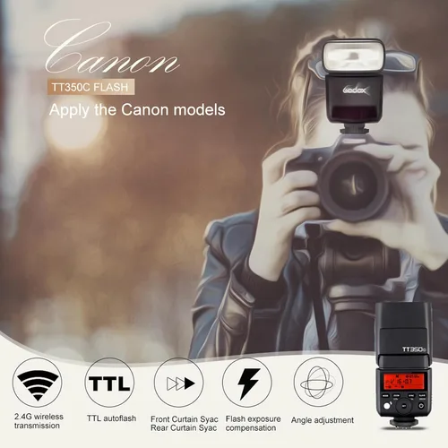 Miniatura 2 de GODOX TT350C TTL Flash para Canon, 2.4G GN36 Mini cámara Flash Speedlite HSS 1/8000s, aproximadamente 210 destellos de potencia completa, 0.1-2.2s