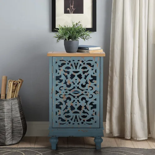 Sophia & William - Armario pequeño de acento con puerta única, mesa auxiliar lateral de 31.5" de altura, mesita de noche desgastada con puerta Azul