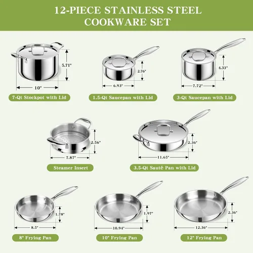 Miniatura 2 de Juego de ollas y sartenes de acero inoxidable de tres capas, juego de 12 piezas de utensilios de cocina de inducción EWFEN, apto para horno