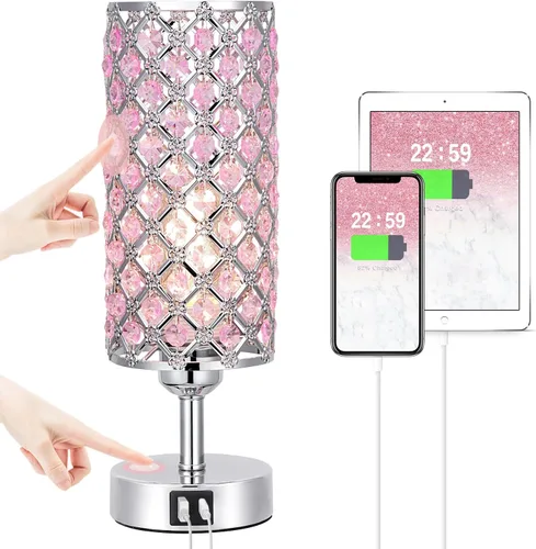 Miniatura 15 de Lámpara de mesa de cristal Hong-in - Control táctil regulable en 3 vías, lámpara de cabecera de oro rosa con puertos USB C y A, luz de mesita