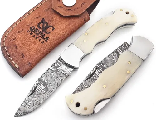 Cuchillo de bolsillo de Damasco hecho a mano de 6.5 pulgadas para hombres, cuchillo de caza con funda para exteriores, camping, pesca, senderismo,