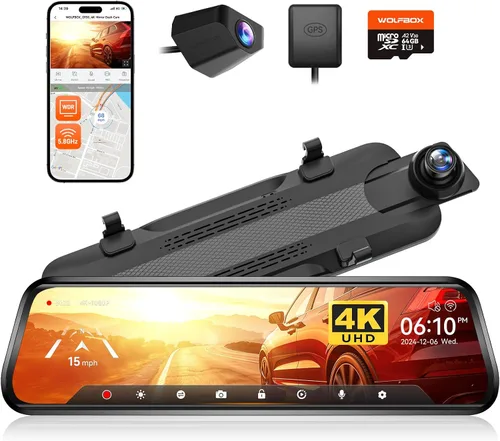 WOLFBOX G930 - Cámara de espejo retrovisor de 10'' con WiFi de 5.8GHz, cámara de salpicadero 4K frontal y trasera con WDR, espejo retrovisor de