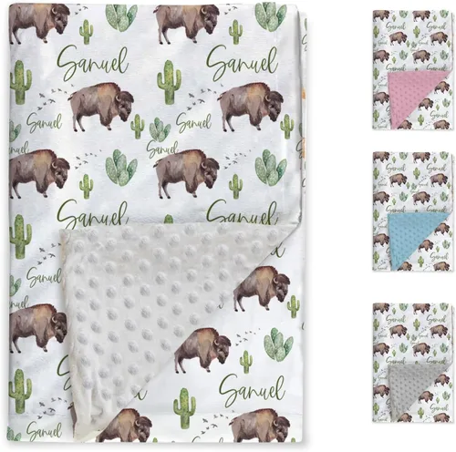 Miniatura 2 de Manta de bebé personalizada, nombre personalizado con diseño de animales del bosque, manta de felpa suave con respaldo punteado de doble capa