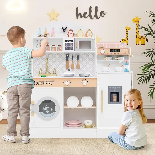Miniatura 6 de HONEY JOY Juego de cocina para niños, juego de cocina de juguete de madera con luces, cafetera, microondas, fregadero, máquina de hielo, lavadora