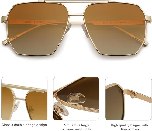 Miniatura 4 de SOJOS Gafas de sol polarizadas cuadradas de gran tamaño retro para mujeres y hombres, tonos vintage, UV400, lentes de sol clásicos grandes de metal