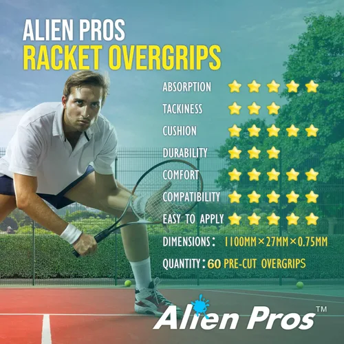 Miniatura 6 de Alien Pros - Cinta de agarre para raqueta de tenis (6, 12 o 60 agarres), agarre de tenis precortado y con sensación seca, cinta de agarre