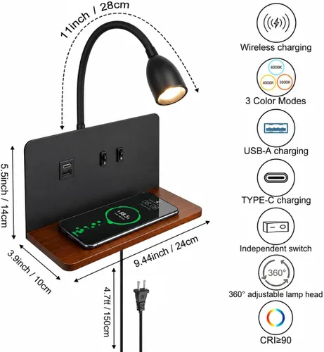 Miniatura 6 de Apliques de pared de mesita de noche con estación de carga inalámbrica y carga USB, lámpara de lectura LED con 3 temperaturas de color ajustables