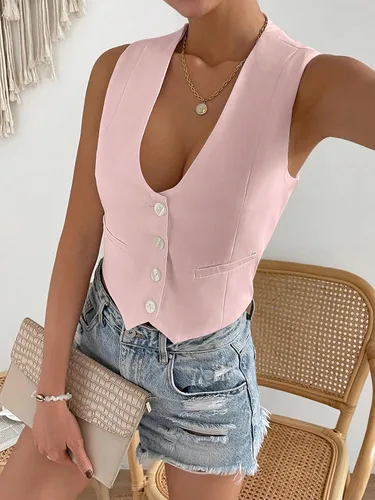 Miniatura 9 de Floerns Chaleco corto sin mangas con botones en la parte delantera y cuello en V para mujer