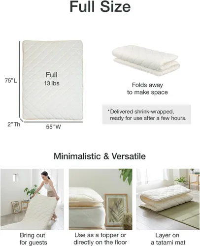 Miniatura 2 de FULI Futón japonés, sofá cama plegable y portátil para el suelo, colchón enrollable, shikibuton, fabricado en Japón (blanco, tamaño matrimonial)