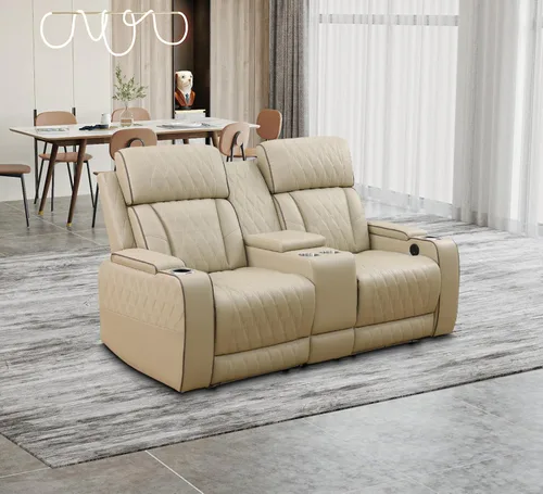 Miniatura 34 de Juego de 3 piezas para sala de estar, sofá reclinable eléctrico de cuero con puertos USB, iluminación LED y portavasos, asientos de cine en casa
