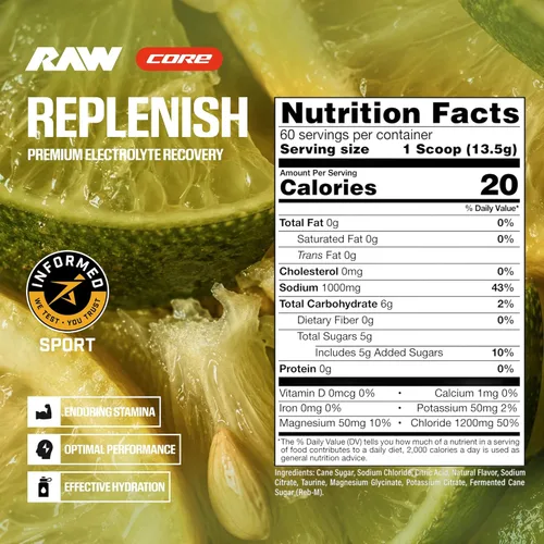 Miniatura 2 de RAW Replenish, fórmula de recuperación de electrolitos en polvo premium, limón lima (60 porciones) – Suplemento de mezcla de bebida de electrolitos