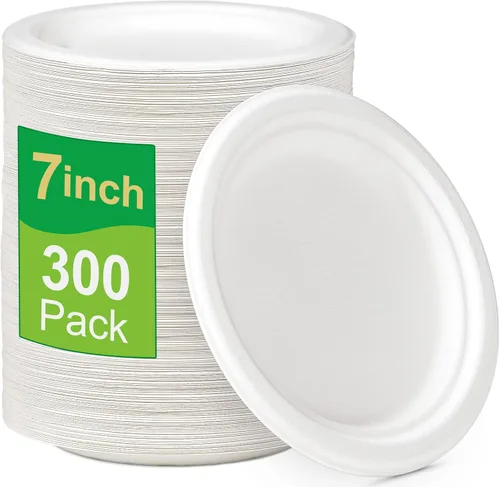 Paquete de 300 platos de papel a granel, platos de papel pequeños de 7 pulgadas, platos 100% compostables, platos desechables ecológicos, platos de