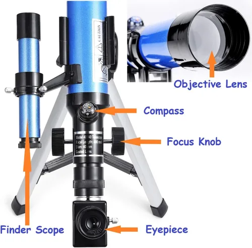 Miniatura 5 de Telescopio para niños 400x40mm con trípode y buscador de alcance, telescopio portátil para niños y principiantes, telescopio de viaje con 3 oculares
