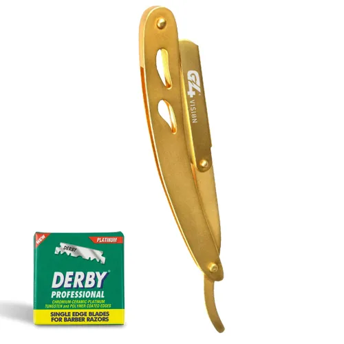 Miniatura 8 de G4 Maquinilla de afeitar profesional de borde recto para hombres con 100 cuchillas derby reemplazables para barbero Dorado