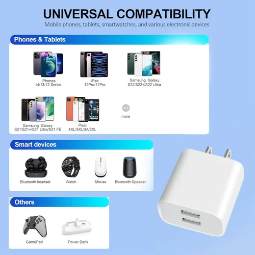 Miniatura 4 de Paquete de 3 cargadores de pared USB, adaptador de enchufe de doble puerto para bloque de carga de toma de pared, adaptador de corriente USB