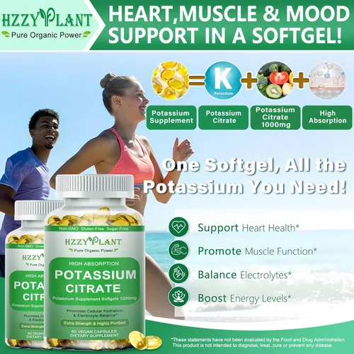 Miniatura 3 de Cápsulas blandas de suplemento de potasio, citrato de potasio de alta absorción, 1000 mg para equilibrio electrolítico muscular, corazón y soporte
