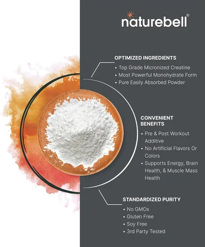 Miniatura 5 de NatureBell Paquete de 2 Polvo de Monohidrato de Creatina Instantánea 500g, 5,000mg por Porción Micronizado, Puro y Sin Sabor Pre-Entrenamiento