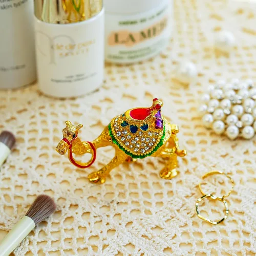 Miniatura 4 de YU FENG Adorno de decoración de figuras de camello de cristal, estatuas de camello esmaltado dorado, caja de joyería con bisagras